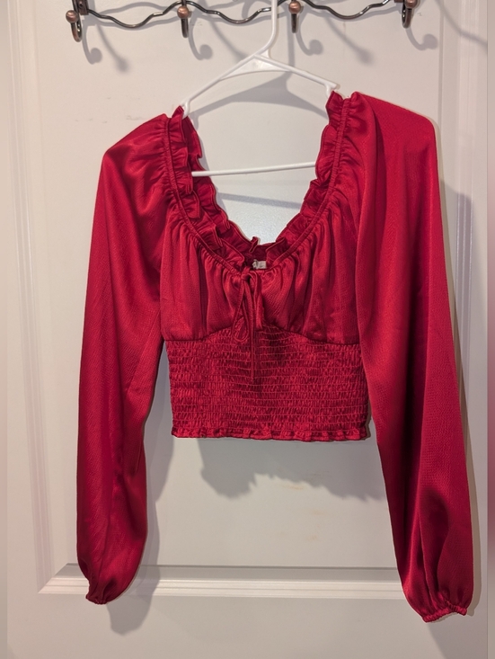 Altar'd State Tops - Red Satin Crop Top Smocked Women's Size Small Long Sleeve Holiday
